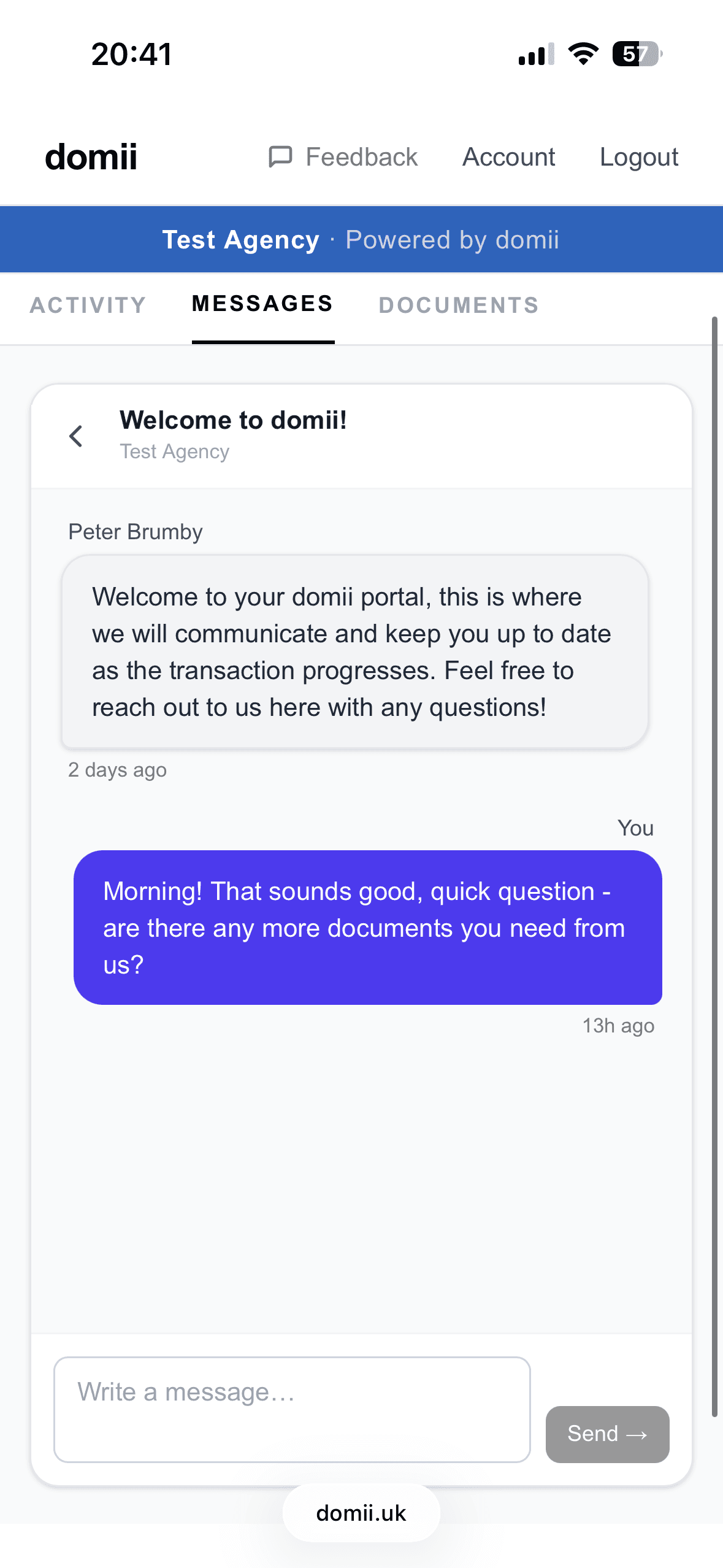 domii mobile messaging screen showing conversation thread