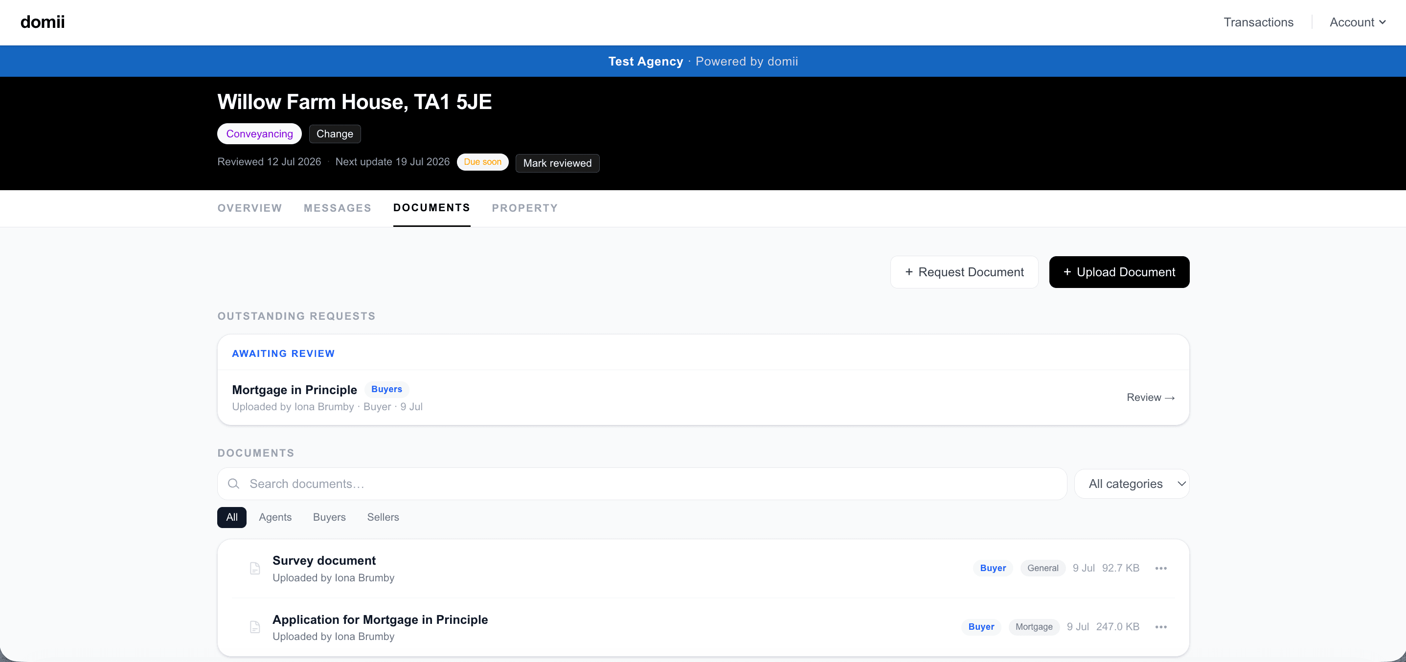Estate agent document workspace showing requested and uploaded transaction documents