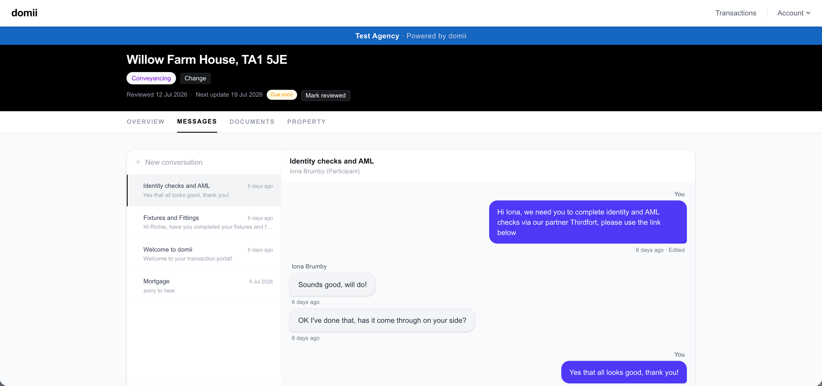 Estate agent messaging workspace with property conversations organised by transaction