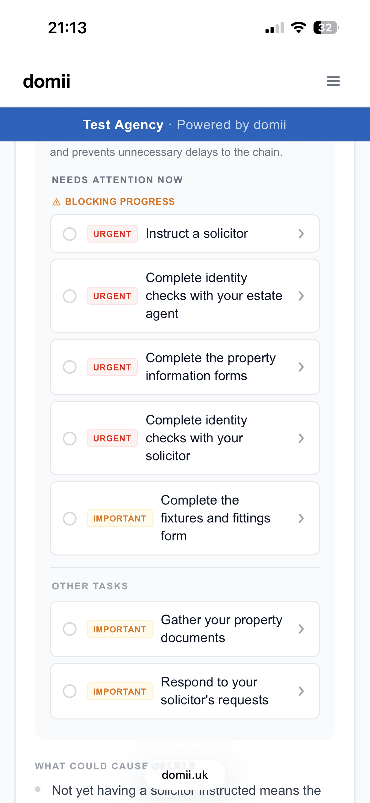 Buyer task list showing actions required to keep the property transaction moving